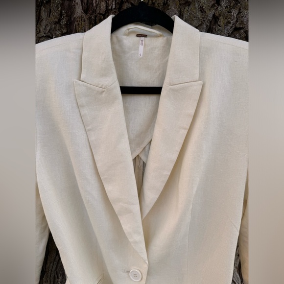 Free People Ivory/Cream Linen Blend Belted Blazer Jacket Flared Sleeves Sz S - Picture 6 of 12